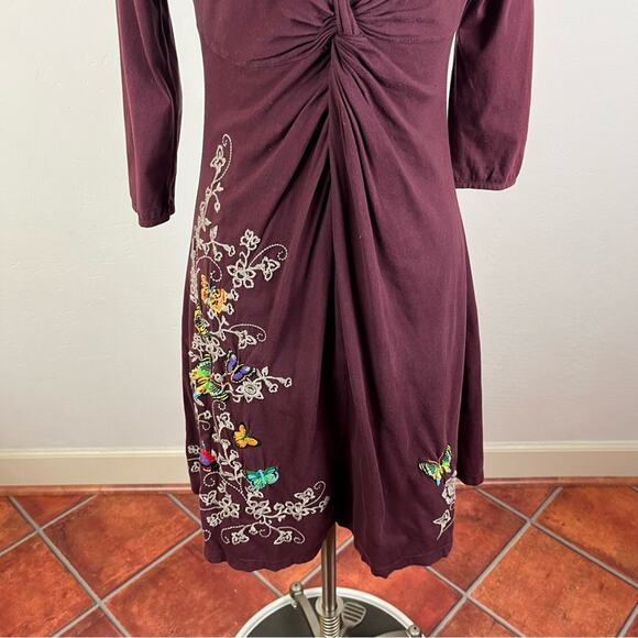 JW Johnny Was Maroon Embroidered V Neck Dress - Picture 5 of 8